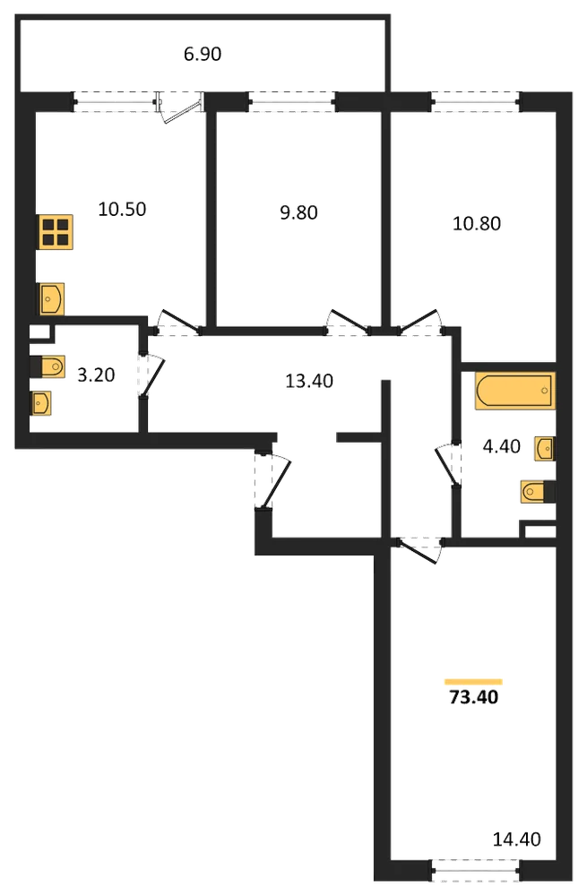 Планировка: 3-комн., 73,4 м²