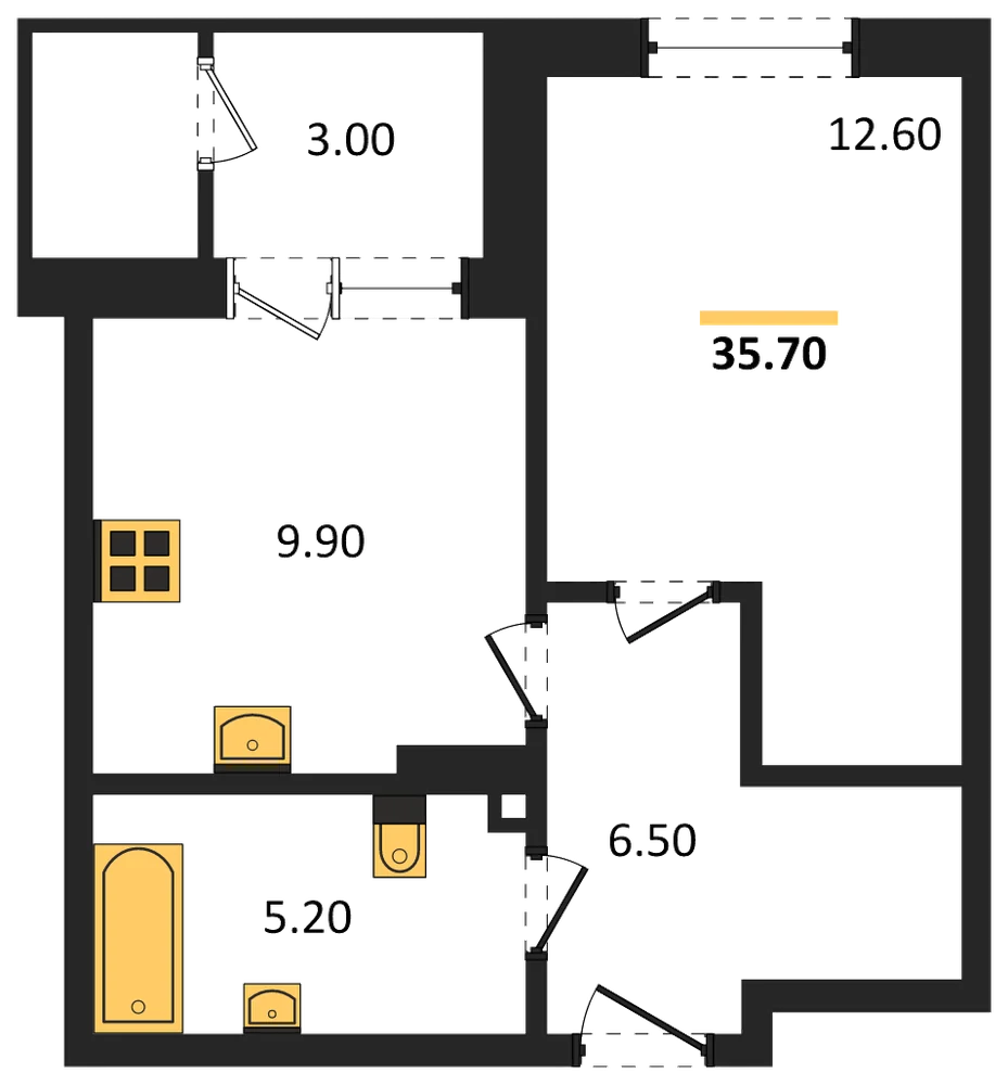 Планировка: 1-комн., 35,7 м²