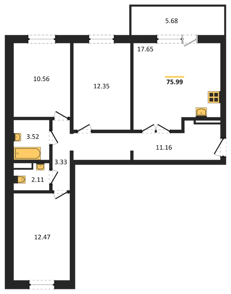 Планировка: 3-комн., 76 м²