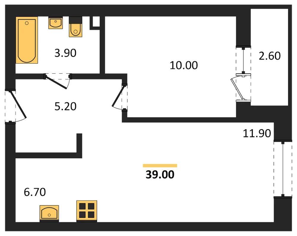 Планировка: 1-комн., 39 м²