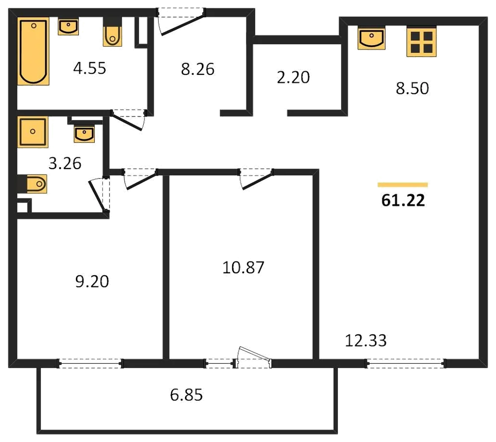 Планировка: 2-комн., 61,2 м²