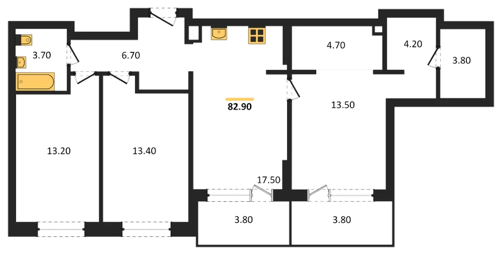Планировка: 3-комн., 82,9 м²