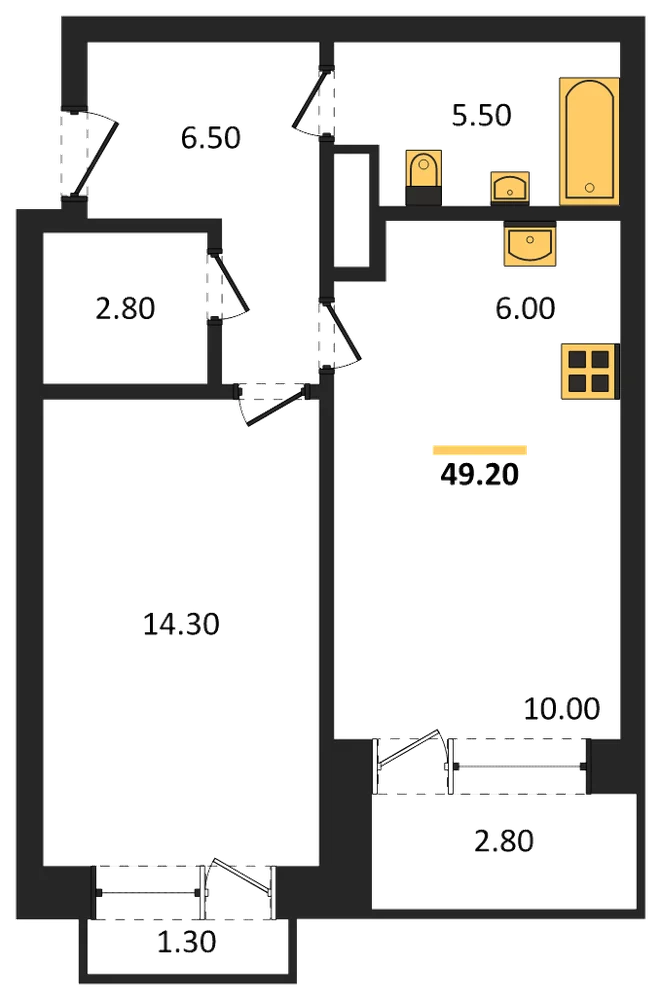 Планировка: 1-комн., 49,2 м²