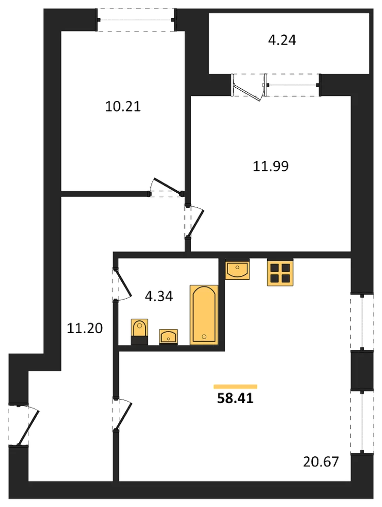 Планировка: 2-комн., 58,4 м²