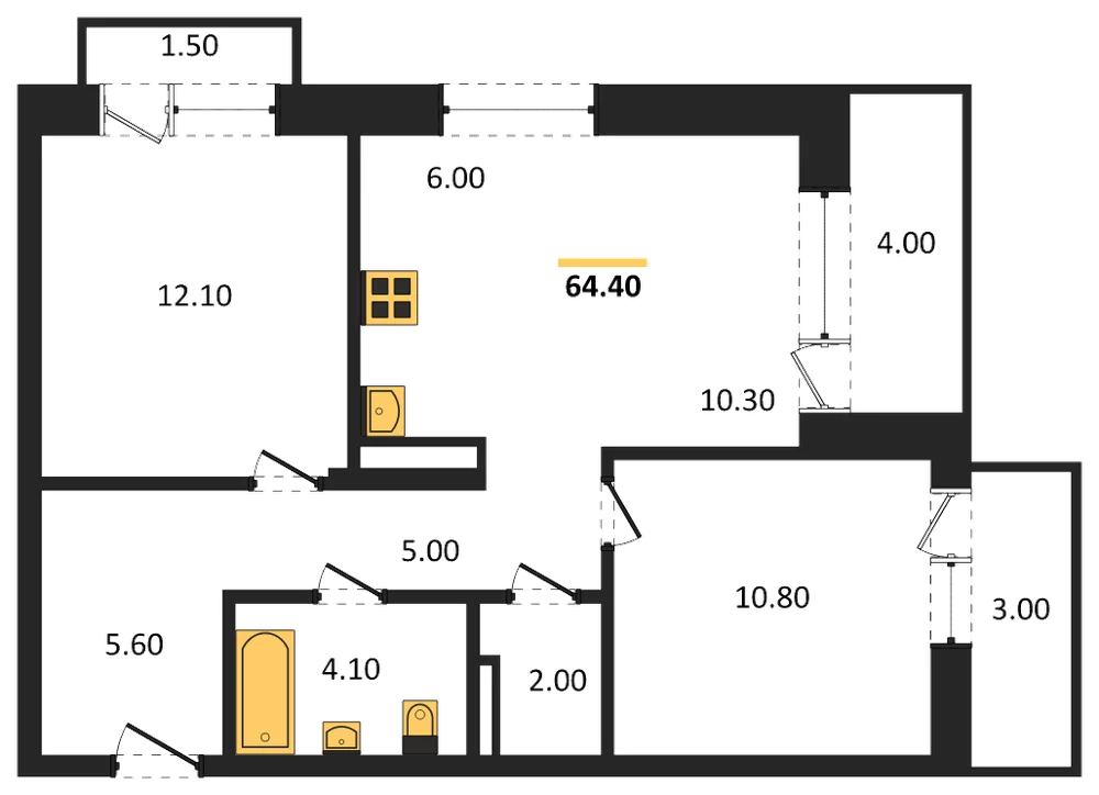 Планировка: 2-комн., 64,4 м²