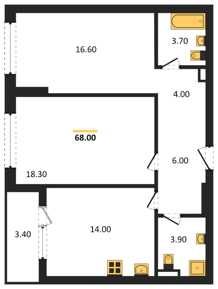 Планировка: 2-комн., 68,2 м²