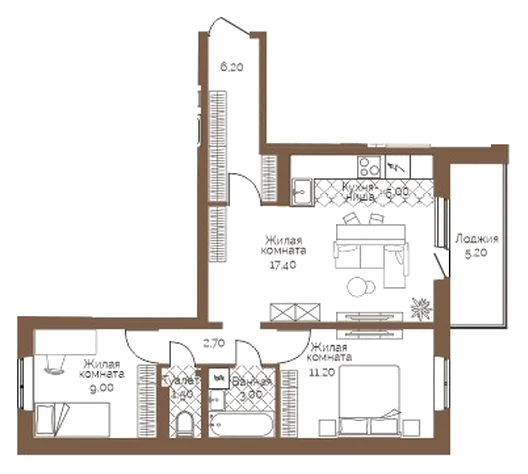 Планировка: 2-комн., 58,6 м²