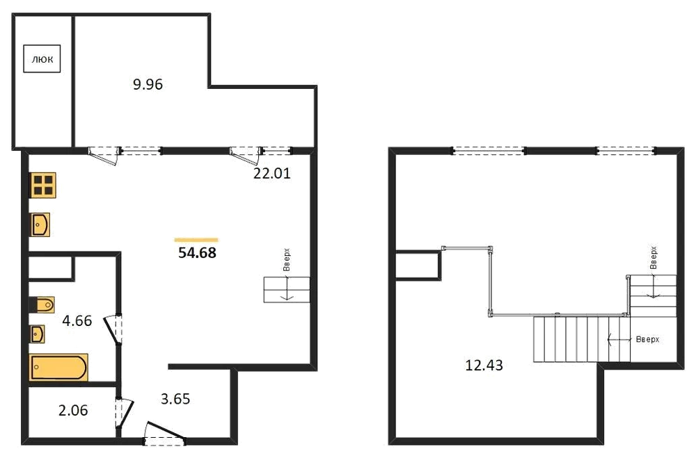 Планировка: 1-комн., 54,7 м²