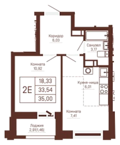Планировка: 1-комн., 35 м²