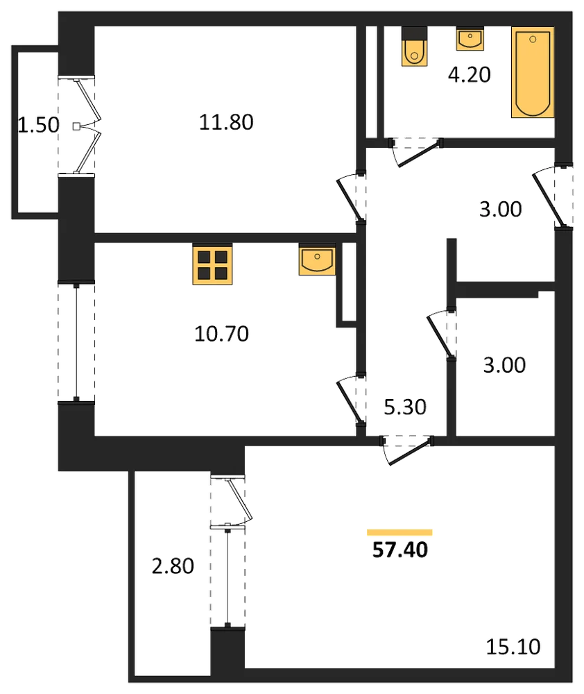 Планировка: 2-комн., 57,4 м²