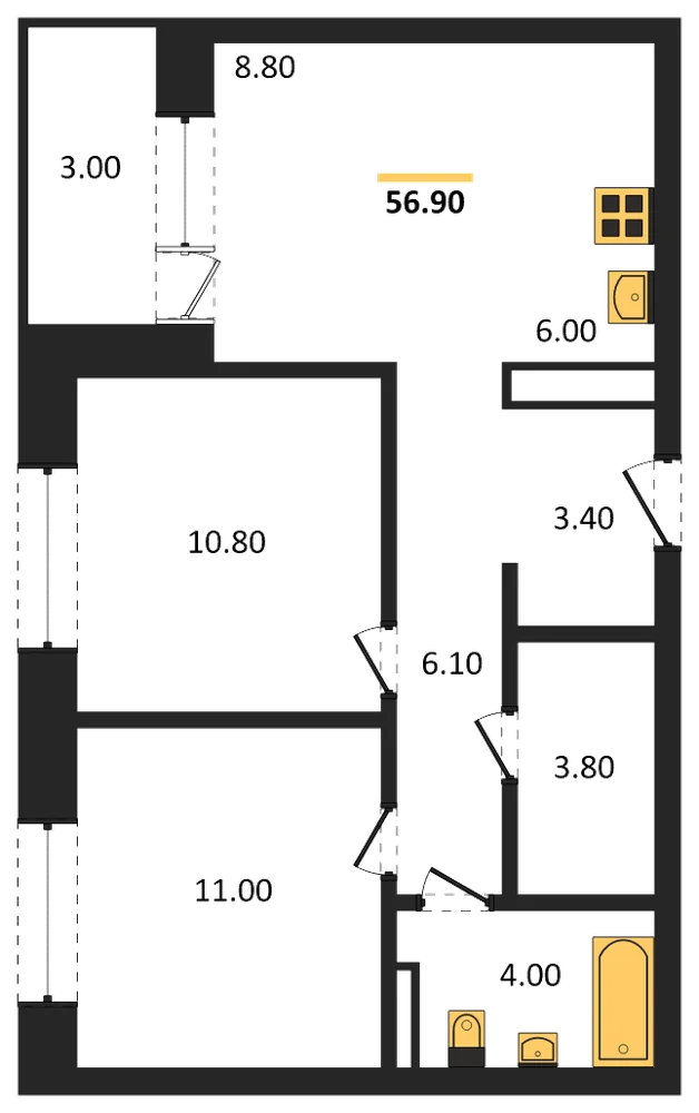 Планировка: 2-комн., 56,9 м²