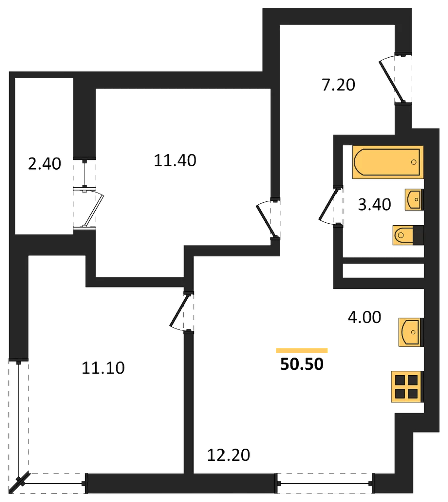 Планировка: 2-комн., 50,5 м²
