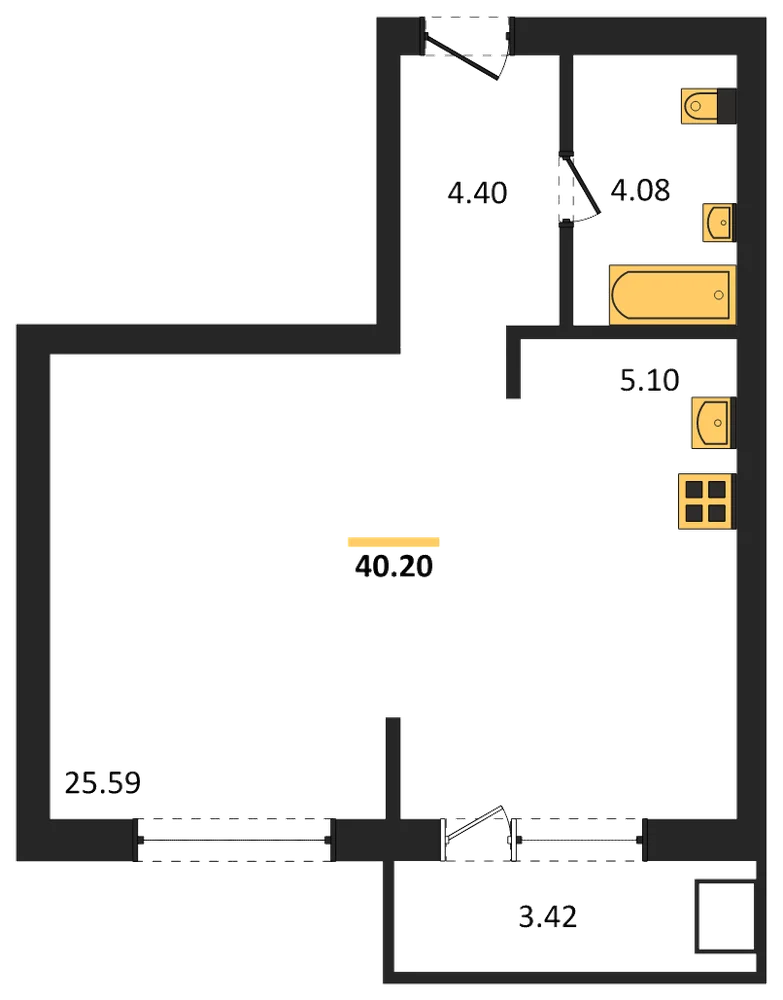 Планировка: Студия, 40,2 м²