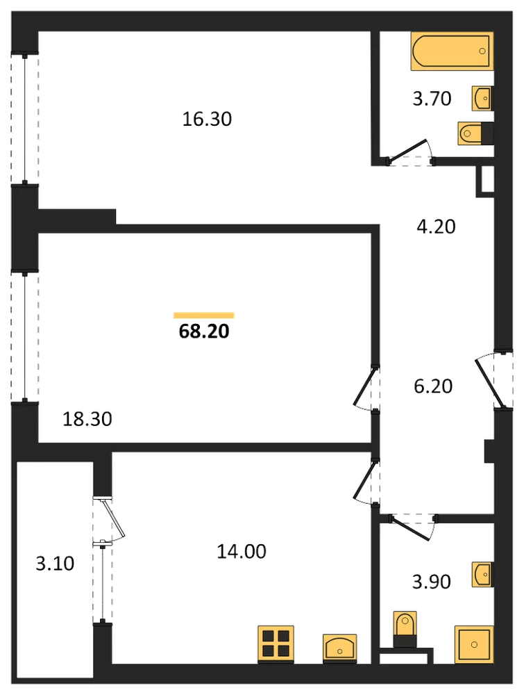 Планировка: 2-комн., 68,2 м²
