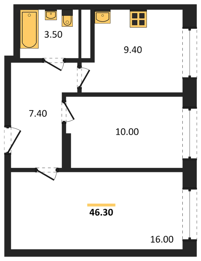 Планировка: 2-комн., 46,3 м²