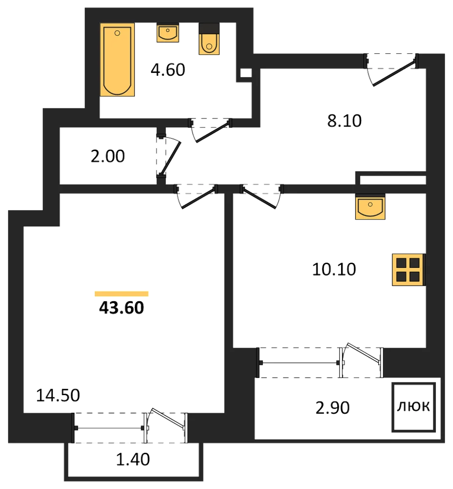 Планировка: 1-комн., 43,6 м²