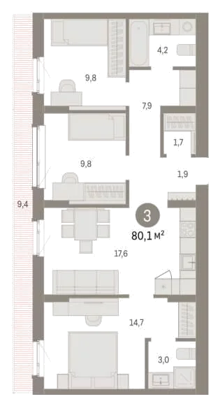 Планировка: 3-комн., 80,1 м²