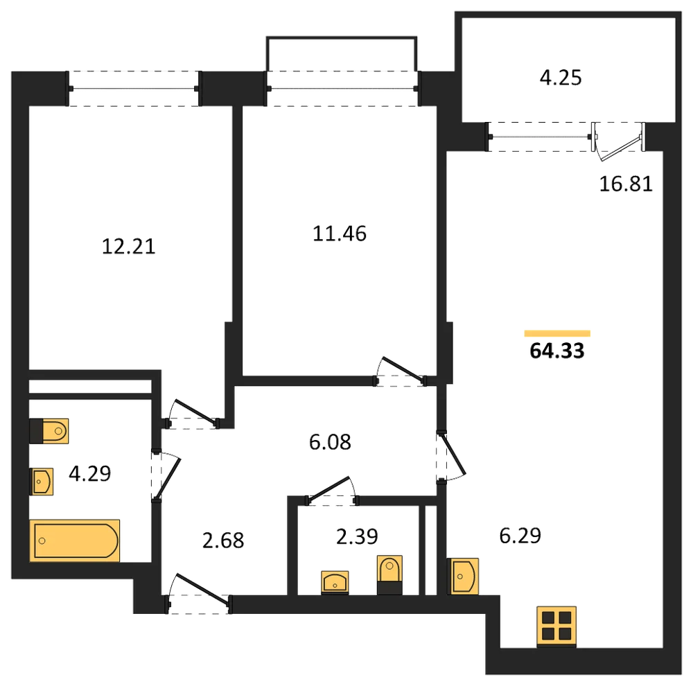 Планировка: 2-комн., 64,3 м²