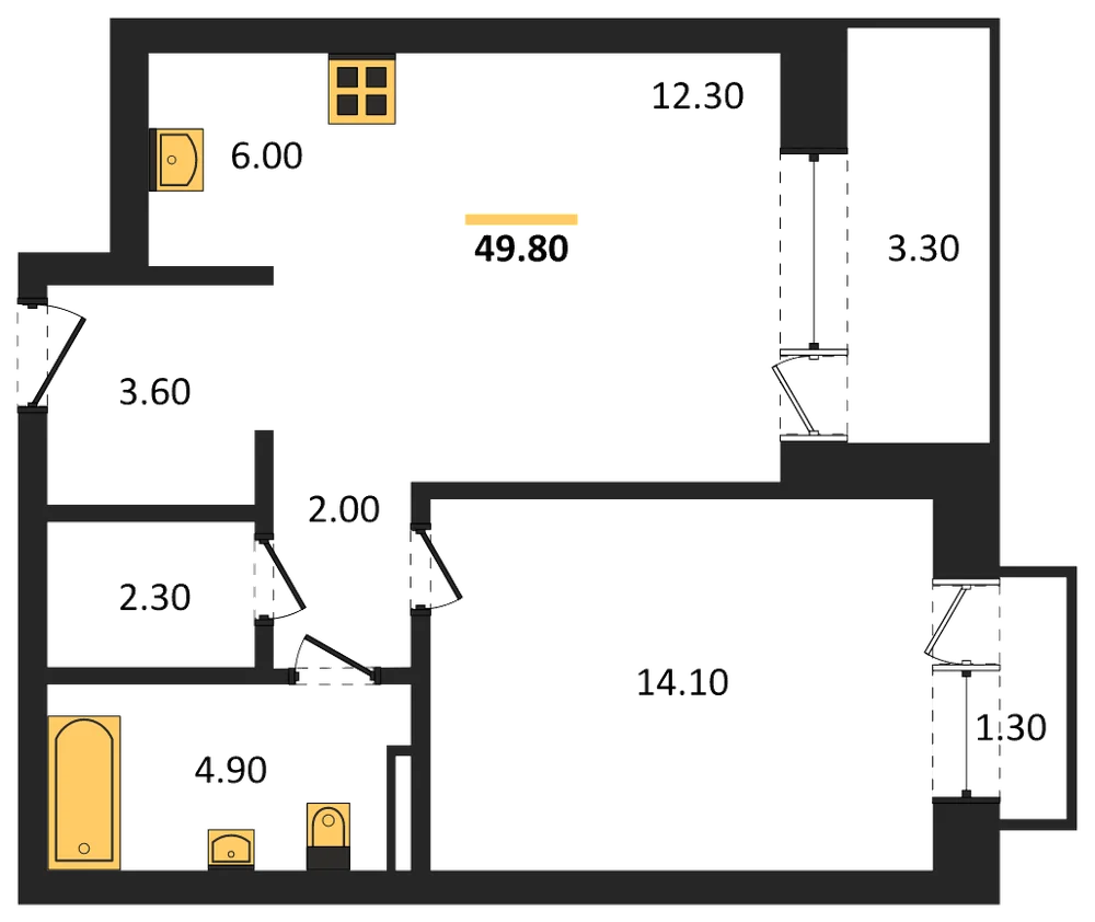 Планировка: 1-комн., 49,8 м²