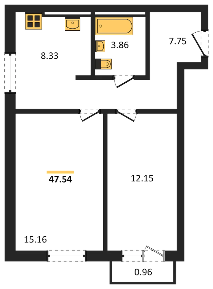 Планировка: 2-комн., 47,5 м²