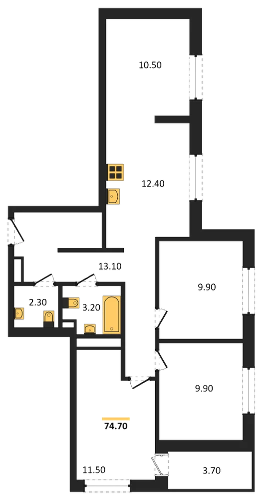 Планировка: 3-комн., 74,7 м²