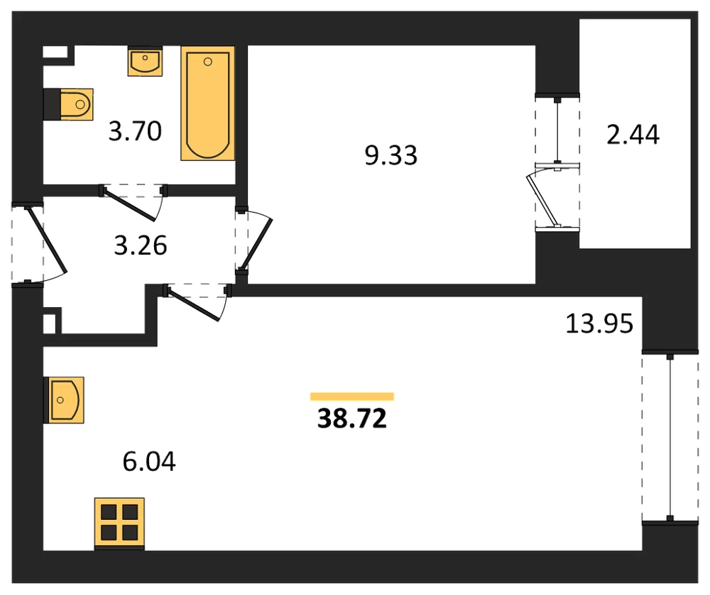 Планировка: 1-комн., 38,7 м²