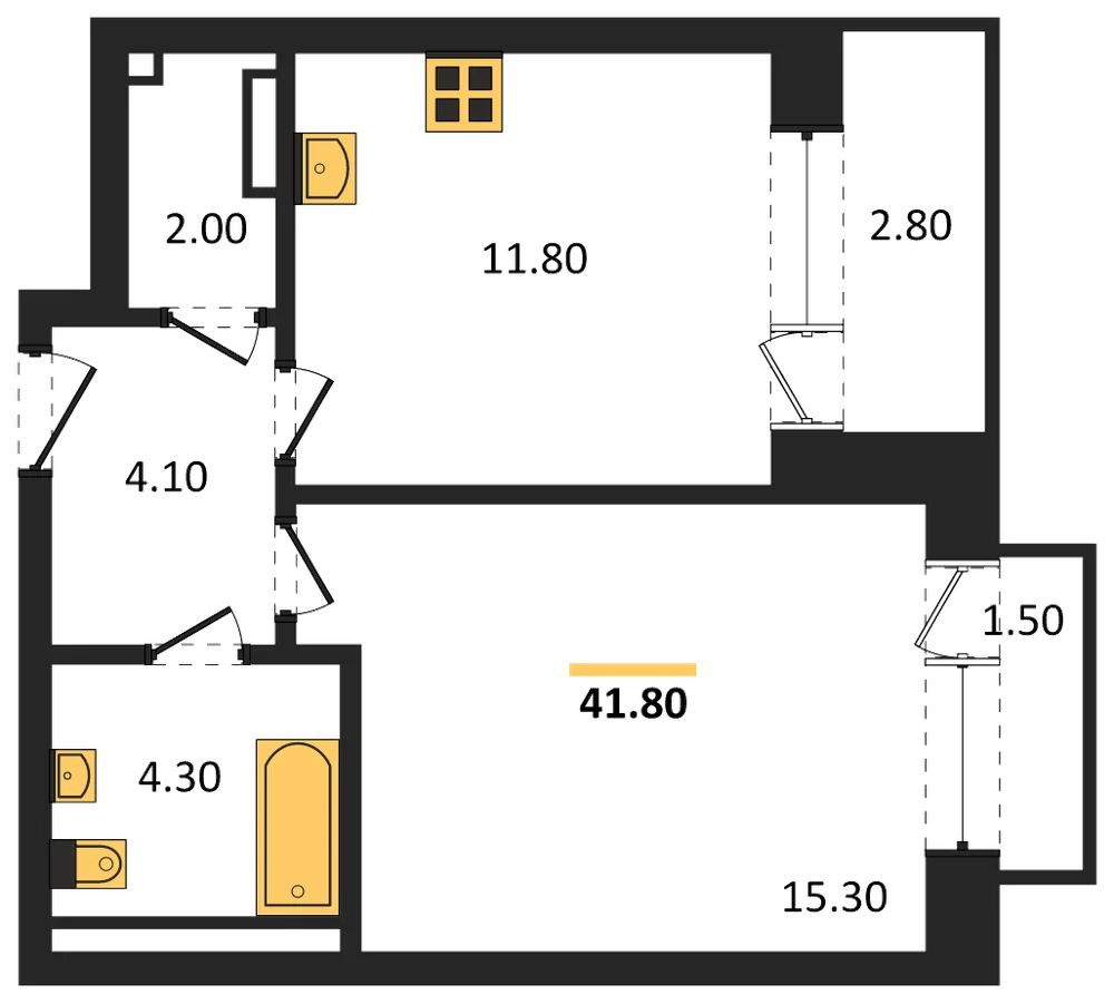 Планировка: 1-комн., 41,8 м²