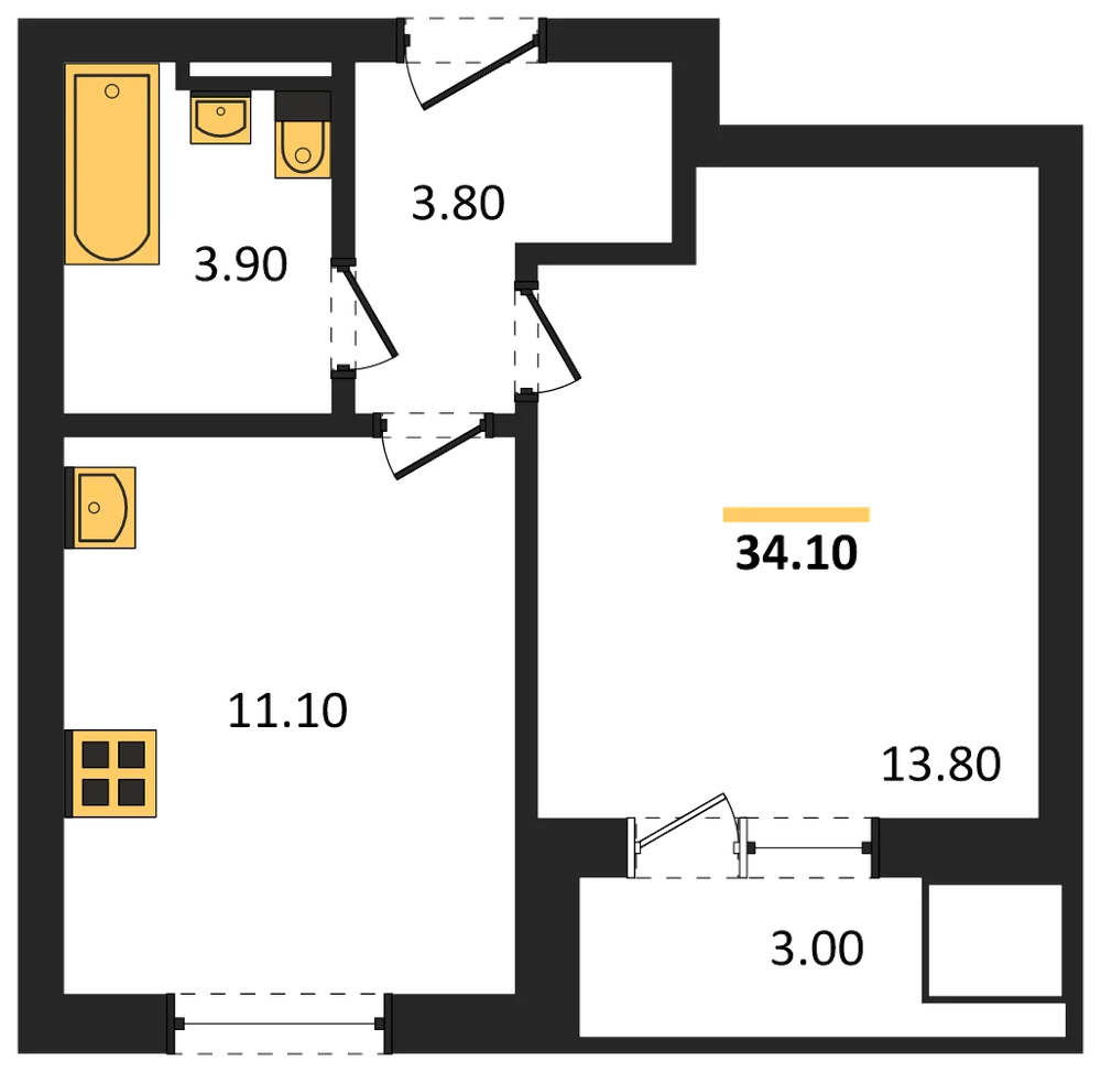 Планировка: 1-комн., 34,1 м²