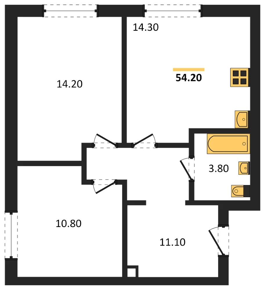 Планировка: 2-комн., 54,2 м²