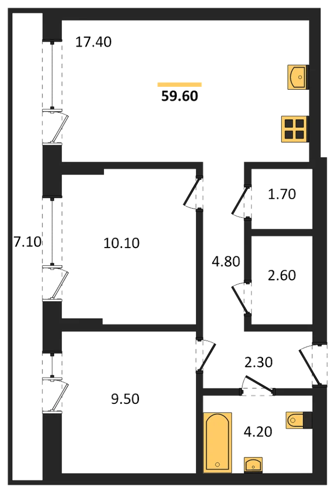 Планировка: 2-комн., 59,6 м²