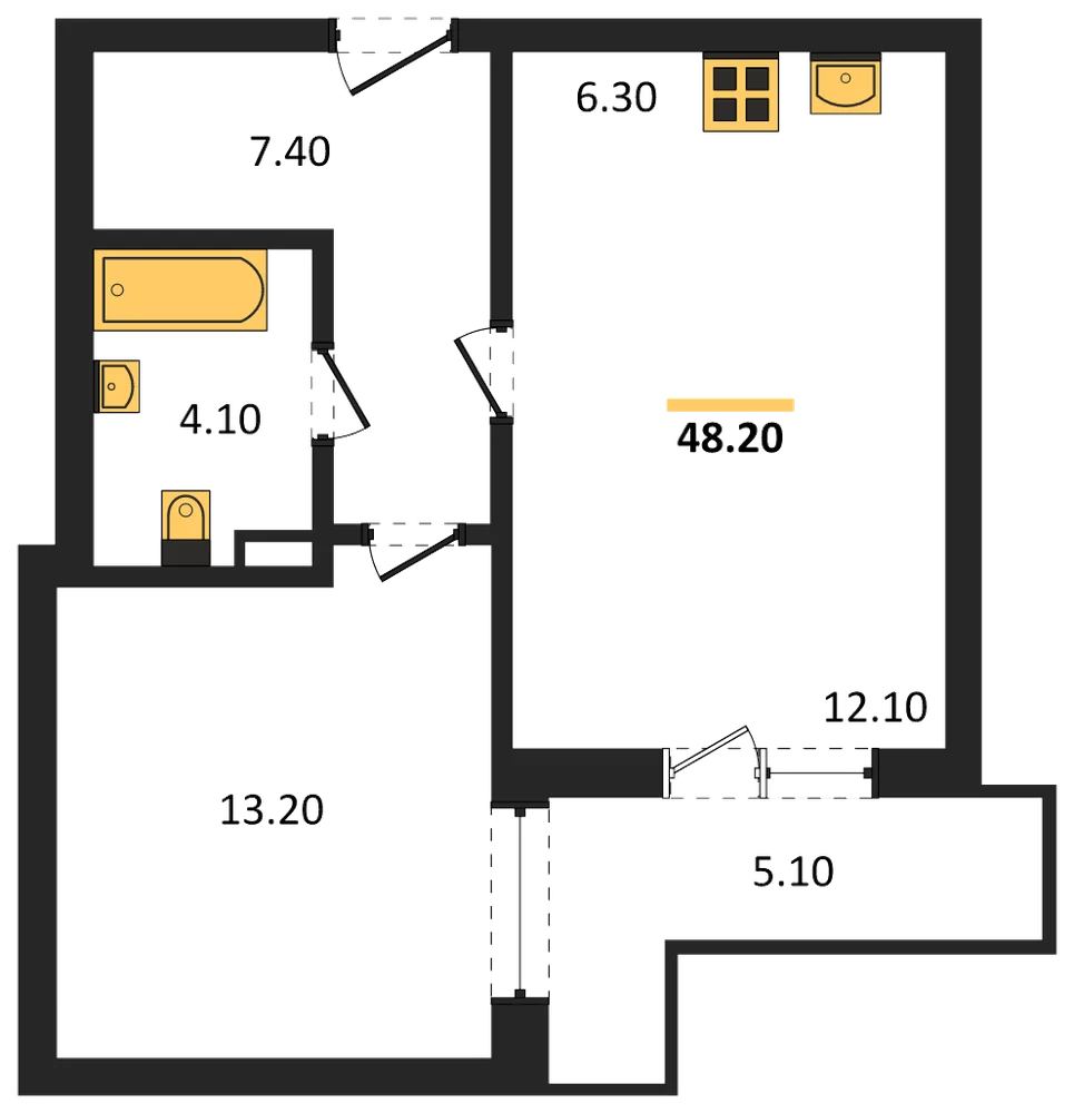 Планировка: 1-комн., 48,2 м²
