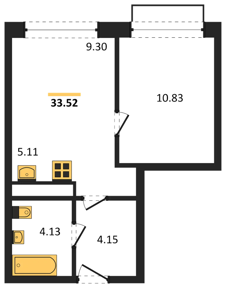 Планировка: 1-комн., 33,5 м²