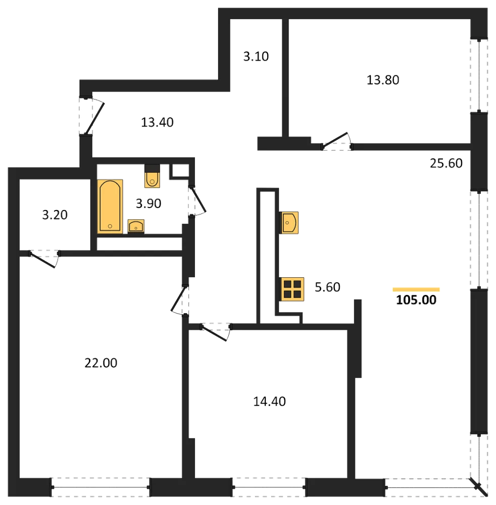 Планировка: 3-комн., 105 м²