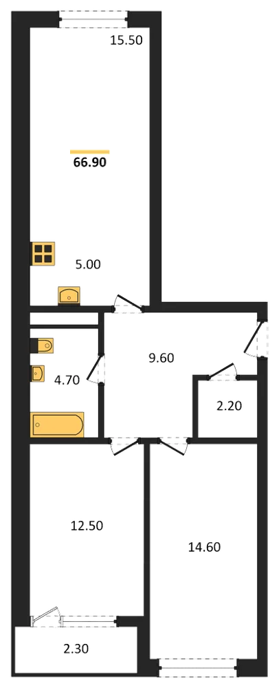 Планировка: 2-комн., 66,9 м²
