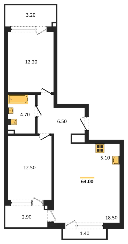 Планировка: 2-комн., 63 м²
