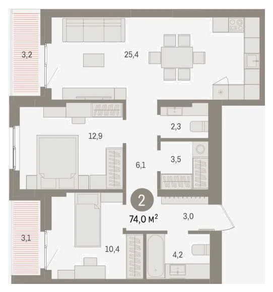 Планировка: 2-комн., 74 м²