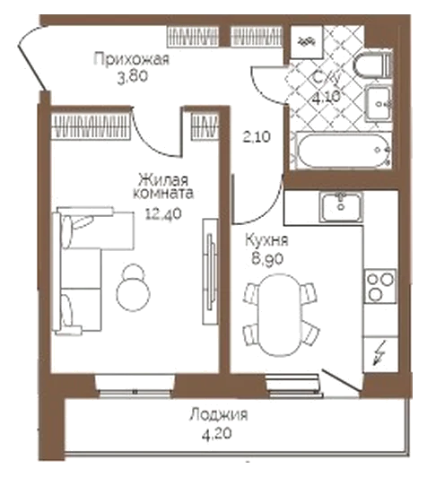 Планировка: 1-комн., 33,4 м²