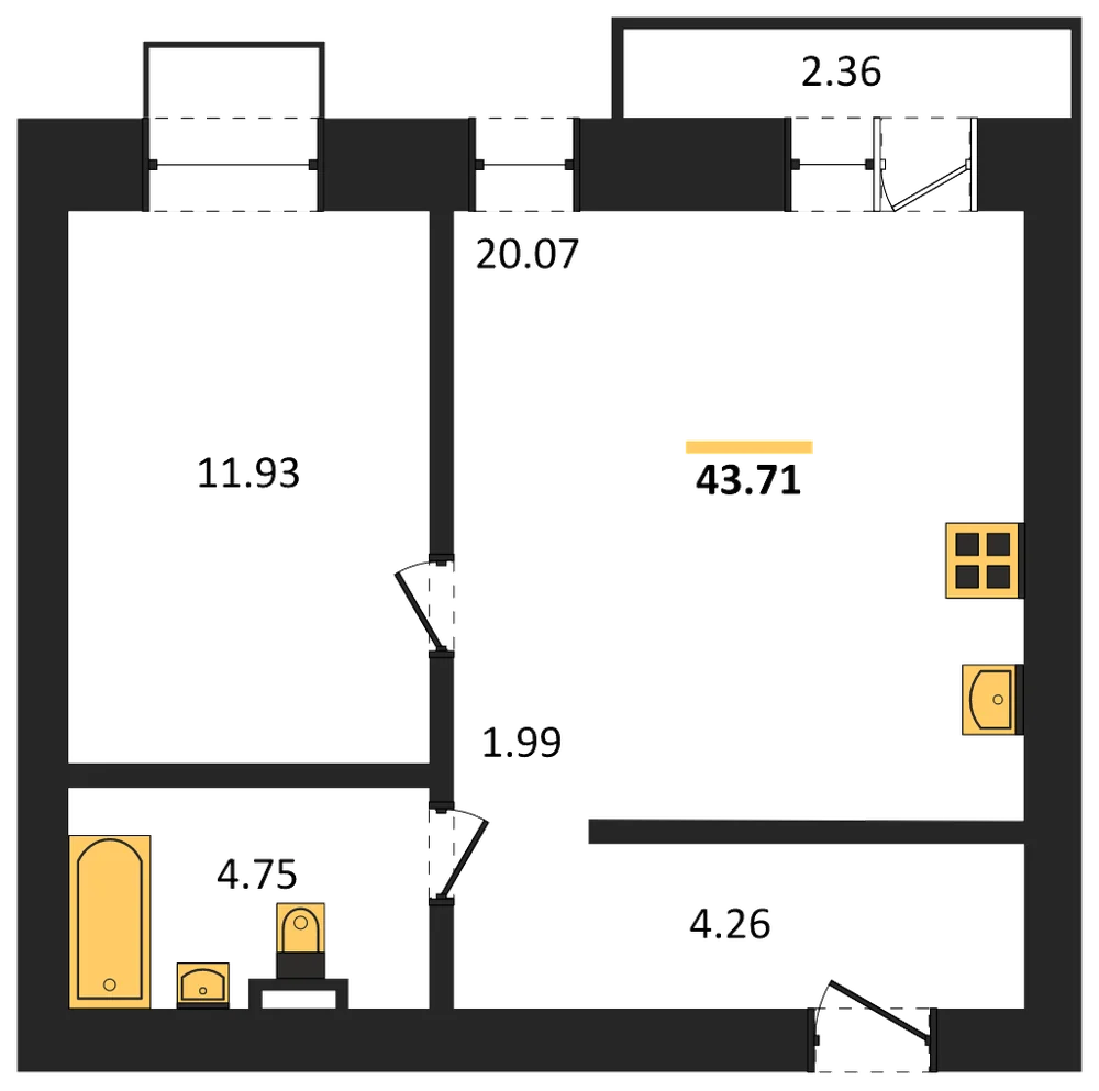 Планировка: 1-комн., 43,7 м²