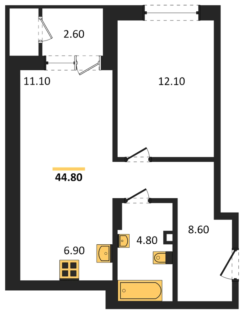 Планировка: 1-комн., 44,8 м²