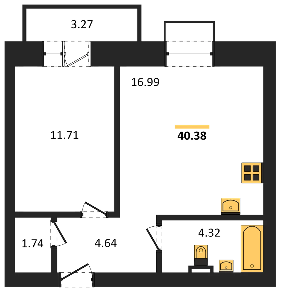 Планировка: 1-комн., 40,4 м²