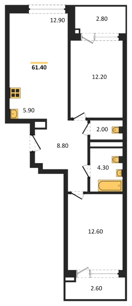 Планировка: 2-комн., 61,4 м²