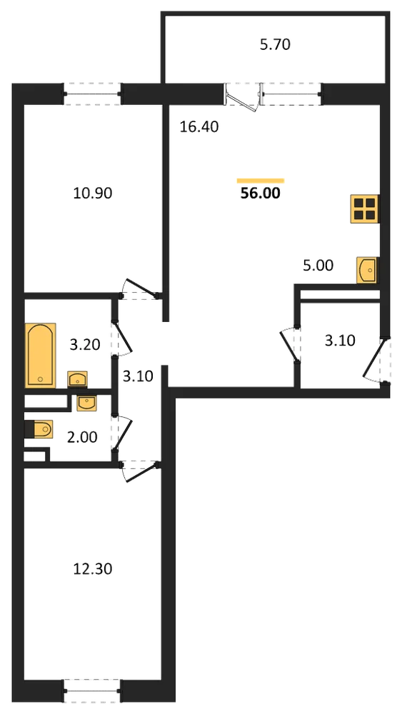 Планировка: 2-комн., 56,2 м²