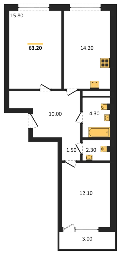 Планировка: 2-комн., 63,2 м²