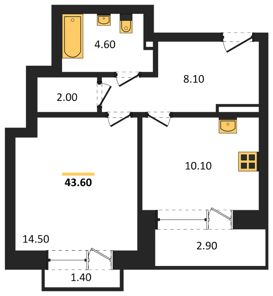 Планировка: 1-комн., 43,6 м²