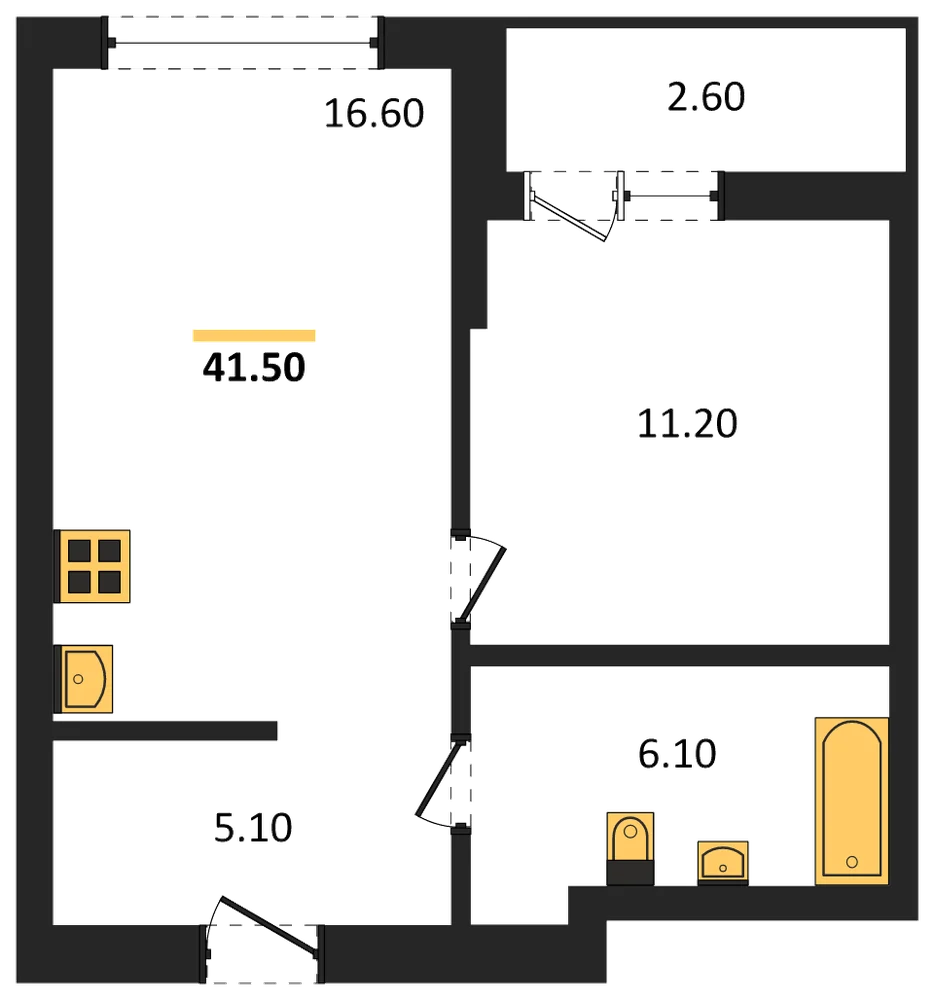 Планировка: 1-комн., 41,5 м²