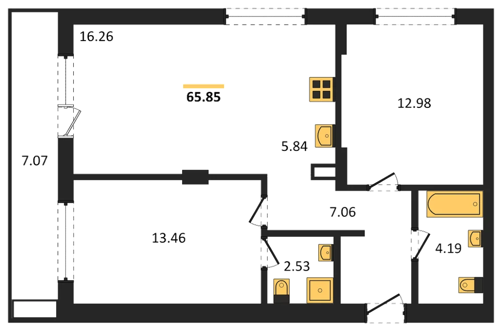 Планировка: 2-комн., 65,9 м²