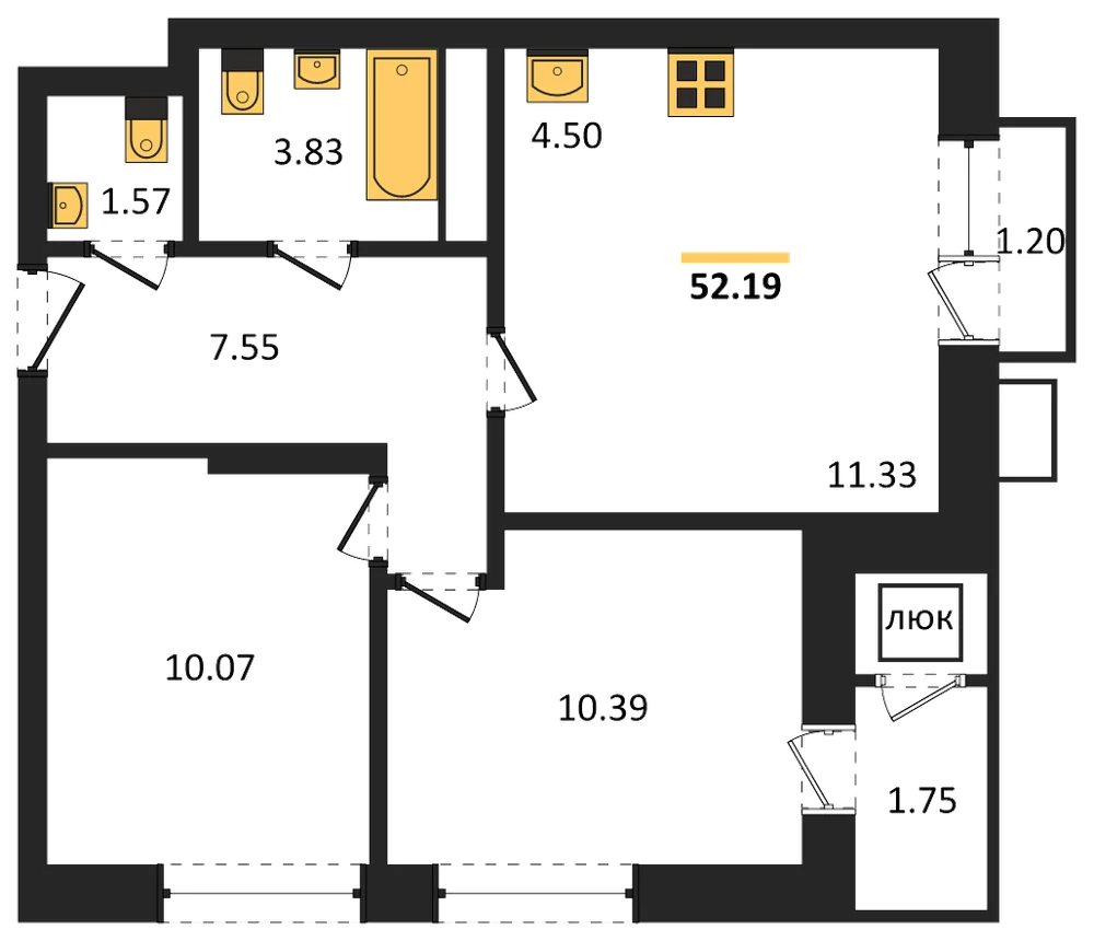 Планировка: 2-комн., 52,2 м²