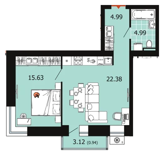 Планировка: 1-комн., 48,9 м²