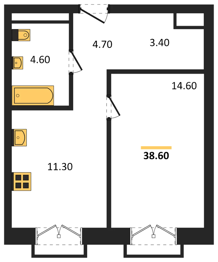 Планировка: 1-комн., 38,6 м²