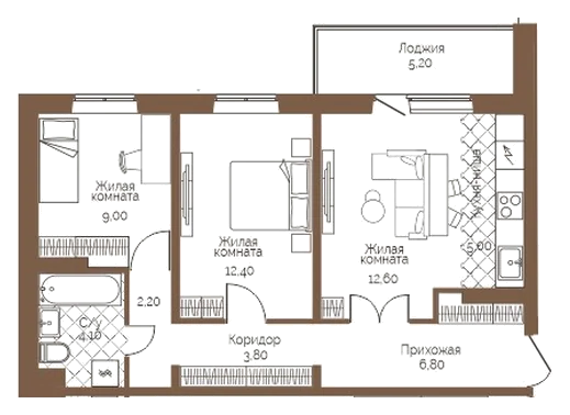 Планировка: 2-комн., 58,5 м²